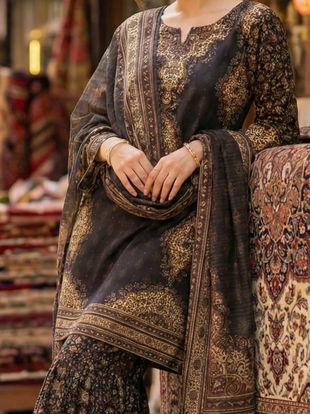 Elegant Black & Gold Printed Ethnic Gharara Suit in M by Mohagni